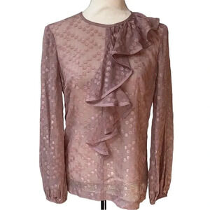 Trina Turk Swiss Dot Ruffle Sheer Silk Blend Blouse Mauve Romantic Small